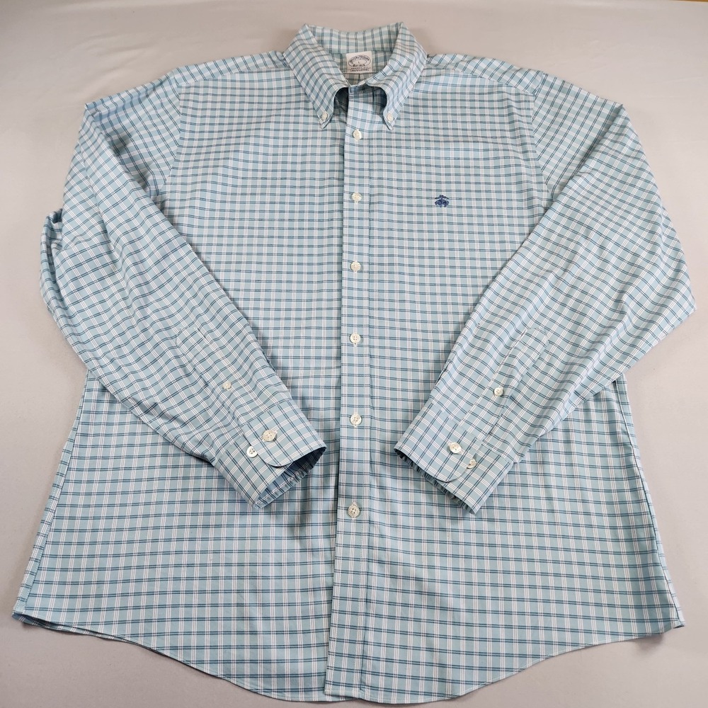Brooks Brothers Mens Large Plaid Regent Fit Non-Iron Stretch Button Down Logo